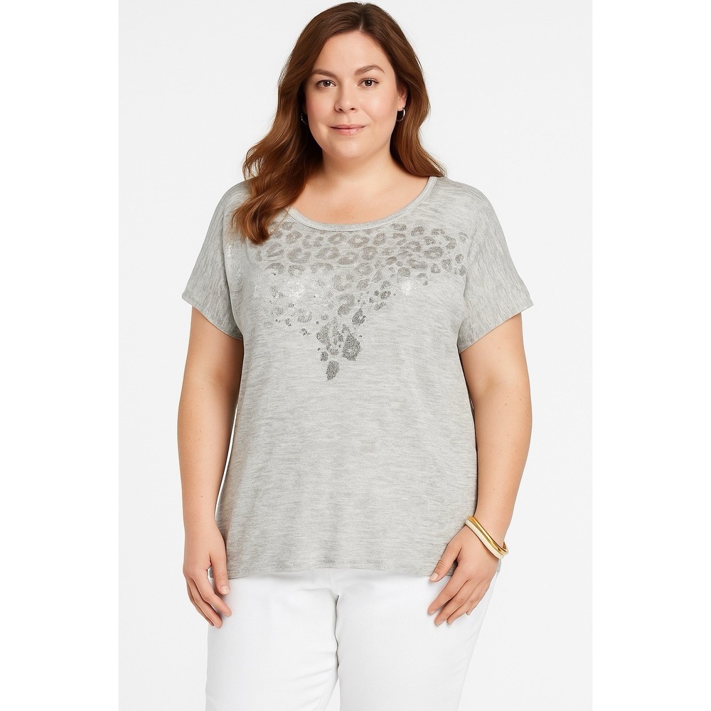 Chico's Womens Blouse Top Tunic Leopard Light Gray High Low size 3 XL